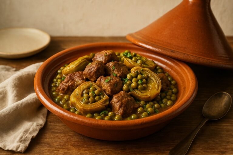 Tajine d'agneau aux cœurs d'artichauts et aux petits pois